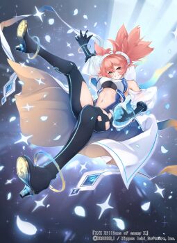 1girl alicia_zinnia_goodwill black_gloves blue_eyes blue_petals boots clenched_teeth clothing_cutout copyright_notice elbow_gloves gloves glowing glowing_petals hair_between_eyes heterochromia highres navel navel_cutout official_art petals pink_hair red_eyes smile solo sparkle teeth thigh_boots yue_ying_jin_feng z/x