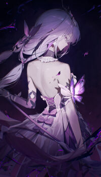 1girl absurdres backless_dress backless_outfit bare_back bare_shoulders black_background castorice_(honkai:_star_rail) collar dress frilled_collar frills from_behind highres honkai:_star_rail honkai_(series) kko_nyal long_hair looking_at_viewer looking_back purple_eyes purple_hair solo