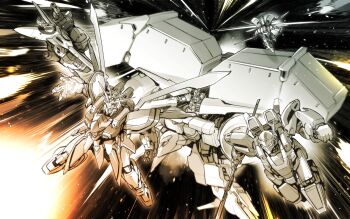 absurdres aircraft bakunetsu_god_finger beam_cannon billbine cannon character_request dendrobium_schema earth_federation earth_federation_space_forces energy_cannon energy_gun g_gundam glowing glowing_hand god_gundam gundam gundam_0083 gundam_gp-03_dendrobium gundam_gp-03_stamen gunpod highres holding holding_weapon insect_wings kato_takuji looking_at_viewer macross mecha missile missile_pod mobile_armor mobile_suit monochrome no_humans robot science_fiction seisenshi_dunbine space super_robot_wars sword u.n._spacy v-fin variable_fighter vf-1_strike vf-1s weapon wings