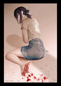 Rule 34 | absurdres, barefoot, black border, blood, blood on feet, blood on ground, border, broken glass, chainsaw man, commentary request, denim, denim shorts, eto 384, glass, glass shards, green eyes, hair between eyes, hair bun, high-waist shorts, highres, looking back, medium hair, on floor, open mouth, out of frame, purple hair, reze (chainsaw man), shadow, shirt, shorts, sidelocks, sitting, white shirt, yokozuwari