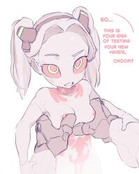 1girl animated bare_shoulders breasts colored_sclera colored_skin completely_nude cyberpunk_(series) cyberpunk:_edgerunners cyborg disembodied_hand english_text forehead grabbing_another&#039;s_breast grey_skin groping highres loli looking_at_viewer mechanical_arms nipple_stimulation nipples no_bra nude pov rebecca_(cyberpunk) red_sclera robot_girl rodecchi size_difference small_breasts tagme tattoo video