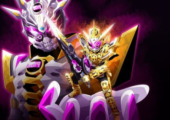 Rule 34 | 2019, 2boys, alternate form, another rider (zi-o), another zi-o, another zio ii, armor, armored boots, boots, cape, character name, clenched teeth, clock hands, creature, evolution, full body, glowing, glowing eyes, gold trim, highres, holding, holding sword, holding weapon, horns, kamen rider, kamen rider grand zi-o, kamen rider zi-o, kamen rider zi-o (series), king, male focus, monster, multiple boys, multiple horns, otokamu, pink armor, rider watch, saikyo zikan girade, shoulder armor, standing, sword, teeth, translation request, weapon, white armor