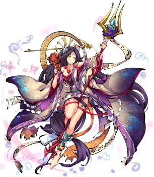 Rule 34 | 1girl, arm up, barefoot, blush, breasts, collarbone, dress, full body, hand up, haori, himegami kagura, holding, holding mask, holding polearm, holding weapon, izanami (himegami kagura), japanese clothes, kimono, large breasts, leg ribbon, long hair, mask, ms06s, obi, off shoulder, official art, oni mask, open mouth, parted bangs, polearm, purple hair, ribbon, sash, short dress, simple background, solo, tachi-e, thighs, third-party source, very long hair, weapon, white background, wide sleeves, yellow eyes