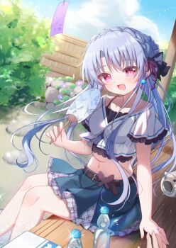 1boy 1girl :d animal_print belt black_belt black_bow blue_hair blue_skirt blue_sky blush bottle bow braid breasts butterfly_print cloud collarbone colored_eyelashes commentary crown_braid day dutch_angle english_text eyes_visible_through_hair feet_out_of_frame fingernails floating_hair frilled_skirt frilled_sleeves frills glint hair_between_eyes hair_bow hair_bun hair_ribbon hand_fan hand_up happy highres holding holding_fan holding_hands jewelry light_particles long_hair looking_at_viewer medium_breasts midriff miniskirt navel open_mouth outdoors print_fan ramune red_eyes red_ribbon ribbon ring sakura_aki shirt short_sleeves sidelocks single_hair_bun sitting skirt sky smile soaking_feet solo_focus sorakado_ao summer_pockets symbol-only_commentary textless_version very_long_hair wedding_ring white_shirt