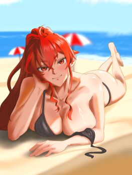1girl ahoge alternate_costume alternate_hairstyle ass barefoot beach beach_umbrella bikini black_bikini blush breasts cleavage closed_mouth collarbone crossed_bangs day elbow_rest eris_greyrat full_body hair_between_eyes hashtag-only_commentary head_rest highres horizon large_breasts long_hair looking_at_viewer lying mine._(mine_kkk) mushoku_tensei ocean on_ground on_stomach outdoors red_eyes red_hair sand shore sky solo strap_slip swimsuit the_pose thong umbrella water