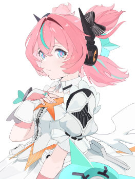 1girl aqua_hair aqua_streaks aria_(human)_(zenless_zone_zero) aria_(zenless_zone_zero) blue_eyes bridal_gauntlets center_frills commentary_request fingerless_gloves frills gloves hair_between_eyes hand_on_own_chest hand_up highres looking_at_viewer multicolored_hair pink_gloves pink_hair quad_tails same_(autphickez) simple_background solo streaked_hair upper_body white_background white_bridal_gauntlets white_wings wings zenless_zone_zero