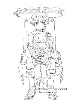 1boy 1girl anklet armlet behind_another blunt_ends bridal_legwear closed_eyes closed_mouth detached_sleeves dress eyelashes facing_viewer furisode genshin_impact greyscale hair_ornament half_crown_braid hands_on_another's_stomach hands_on_own_thighs happy hat hatching_(texture) height_difference highres hug hug_from_behind japanese_clothes jewelry jingasa kimono leaf leaf_hair_ornament leg_warmers light_blush light_frown linear_hatching long_hair looking_at_viewer mandarin_collar monochrome morotomo_(natsume) nahida_(genshin_impact) parted_bangs pointy_ears sandals scaramouche_(genshin_impact) short_sleeves shorts side_ponytail sidelocks sitting sitting_between_legs sketch smile stirrup_legwear straight-on toeless_legwear toeless_socks tsurime wanderer_(genshin_impact) white_background wispy_bangs zouri