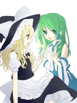 2girls apron back_bow black_hat black_skirt black_vest blonde_hair blue_skirt bow braid commentary_request detached_sleeves green_hair hair_bow hair_ornament hair_tubes hat hat_bow kirisame_marisa kochiya_sanae long_hair magic multiple_girls open_mouth puffy_short_sleeves puffy_sleeves short_sleeves side_braid simple_background single_braid single_hair_tube skirt snake_hair_ornament star_(symbol) teeth touhou tsuno_no_hito upper_teeth_only vest waist_apron white_apron white_background white_bow witch_hat yellow_eyes