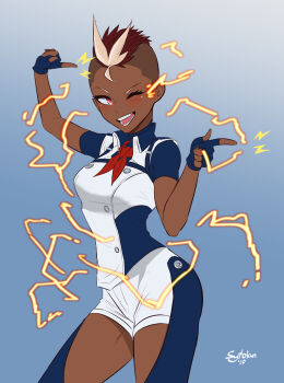 1girl artist_name blonde_hair blue_background blue_gloves blue_pants blue_shirt blush brown_hair clothing_cutout collared_shirt dark-skinned_female dark_skin dated electricity eyelashes fingerless_gloves gloves harriet_bree highres mohawk multicolored_hair neckerchief one_eye_closed open_mouth pants pink_eyes pointing red_neckerchief rwby shirt short_hair short_sleeves simple_background smile solo standing sytokun teeth thigh_cutout two-tone_hair two-tone_pants two-tone_shirt very_short_hair white_pants white_shirt