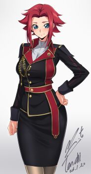 1girl absurdres aiguillette arm_at_side black_jacket black_skirt blue_eyes breasts closed_mouth code_geass code_geass:_lost_stories commentary cowboy_shot dated grey_background hand_on_own_hip highres jacket kouzuki_kallen lapel_pin large_breasts long_sleeves looking_at_viewer military_jacket military_uniform pantyhose pencil_skirt red_hair shirt short_hair sidelocks signature simple_background skirt smile solo standing white_shirt yoo_tenchi