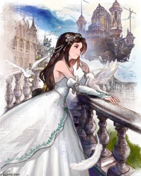 1girl aircraft airship balcony bare_shoulders bird black_hair breasts bridal_gauntlets brown_eyes brown_hair castle cleavage closed_mouth cloud cloudy_sky colored_skin commentary dreepy dress elbow_gloves english_commentary falling_feathers feather_hair_ornament feathers final_fantasy final_fantasy_ix flower flying from_side garnet_til_alexandros_xvii gen_8_pokemon gloves hair_ornament hairclip headdress highres light_smile long_dress long_hair low-tied_long_hair low_ponytail medium_breasts official_alternate_costume official_art parted_bangs pigeon ponytail sidelocks sky solo square_enix strapless strapless_dress very_long_hair white_bird white_dress white_feathers white_skin