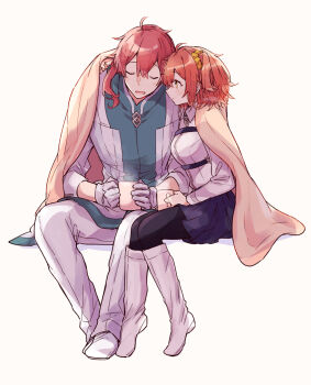 1boy 1girl ahoge arm_around_shoulder artist_name black_pantyhose black_skirt blanket boots chaldea_logo chaldea_uniform closed_eyes closed_mouth coat collared_jacket commentary_request cup fate_(series) fujimaru_ritsuka_(female) full_body gloves hair_between_eyes hair_ornament hair_over_shoulder hair_scrunchie hand_on_another&#039;s_shoulder highres holding holding_cup invisible_chair jacket kak_hac long_hair long_sleeves looking_at_another mug one_side_up open_mouth orange_hair orange_scrunchie pants pantyhose pleated_skirt ponytail romani_archaman scrunchie shared_blanket shoes short_hair side-by-side simple_background sitting skirt smile steam white_background white_coat white_footwear white_gloves white_jacket white_pants wing_collar yellow_eyes