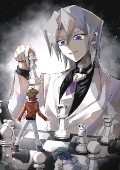 Rule 34 | 3boys, bishop (chess), blue eyes, chess piece, duel academy uniform (yu-gi-oh! gx), edo phoenix, grey hair, hair between eyes, highres, holding, holding chess piece, jacket, king (chess), knight (chess), long sleeves, looking at another, male focus, marufuji ryo, medium hair, multiple boys, nakano hero d, necktie, open mouth, pants, pawn (chess), red jacket, rook (chess), short hair, white jacket, white pants, yu-gi-oh!, yu-gi-oh! gx, yuki judai