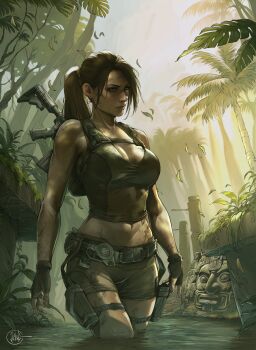 1girl architecture assault_rifle backpack bag black_gloves brown_eyes brown_hair brown_shorts brown_tank_top dirty dirty_face falling_leaves fingerless_gloves gloves gun highres holster illyne_cosplay jungle lara_croft leaf long_hair m4_carbine mesoamerican_architecture midriff nature outdoors palm_tree ponytail rifle river ruins short_shorts shorts signature solo standing tank_top thigh_holster tomb_raider tree wading weapon weapon_on_back