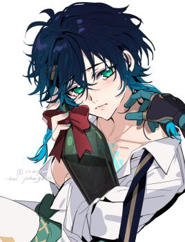 2boys absurdres alcohol androgynous antenna_hair aqua_nails black_gloves black_hair blue_hair blush bottle bow bowtie braid chest_tattoo chinese_commentary closed_mouth collarbone collared_shirt fingerless_gloves frilled_sleeves frills genshin_impact gloves gradient_hair green_eyes green_gloves green_shorts hair_between_eyes hand_on_another&#039;s_shoulder highres holding holding_another&#039;s_hair holding_bottle implied_yaoi kayu_(yukagoin) long_sleeves looking_at_viewer loose_bowtie male_focus multicolored_hair multiple_boys nail_polish open_collar out_of_frame pantyhose pov pov_hands red_bow shirt short_hair_with_long_locks shorts sidelocks simple_background sitting solo_focus tattoo tears twin_braids twitter_username two-tone_hair venti_(genshin_impact) white_background white_pantyhose white_shirt wine_bottle xiao_(genshin_impact)