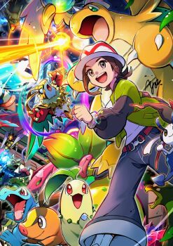 1girl :d alternate_color ayo_(ayosanri009) beedrill belt bracelet brown_belt brown_hair charizard chikorita commentary_request dragonite floette floette_(eternal) gen_1_pokemon gen_2_pokemon gen_4_pokemon gen_5_pokemon gen_6_pokemon green_jacket greninja harmony_(pokemon) hat hawlucha highres jacket jewelry long_sleeves lucario mega_beedrill mega_charizard_x mega_dragonite mega_hawlucha mega_lucario mega_pokemon mega_victreebel nintendo open_clothes open_jacket open_mouth pants pokemon pokemon_(creature) pokemon_legends:_z-a shiny_pokemon signature smile socks teeth tepig totodile upper_teeth_only victreebel white_hat