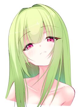 Rule 34 | 1girl, bare shoulders, blunt bangs, blush, closed mouth, collarbone, cropped shoulders, eyelashes, eyes visible through hair, green hair, hair down, hair intakes, highres, long hair, looking at viewer, murasame (senren), portrait, red eyes, senren banka, sidelocks, simple background, smile, solo, split mouth, straight hair, tsurime, uoouchan, white background