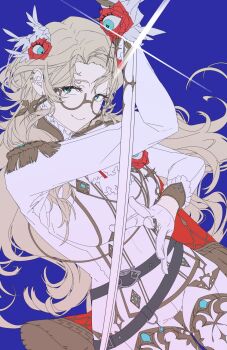 Rule 34 | 1girl, aia amare, aia amare (3rd costume), aqua eyes, blonde hair, blue background, breasts, cape, commentary request, cross, cross earrings, earclip, earrings, epaulettes, extra eyes, eyewear strap, flat color, formal clothes, glasses, glint, gloves, highres, jewelry, large breasts, long hair, looking at viewer, nijisanji, nijisanji en, red cape, semi-rimless eyewear, simple background, smile, so un so, solo, suit, thigh gap, virtual youtuber, white gloves, white suit