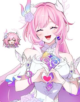 1girl bare_shoulders breasts chibi chibi_inset commentary_request cyrene_(demiurge)_(honkai:_star_rail) cyrene_(honkai:_star_rail) dress earrings flower hair_flower hair_ornament heart heart_hands highres honkai:_star_rail honkai_(series) hoyolab_sticker_redraw jewelry large_breasts long_hair pink_hair pointy_ears simple_background smile solo very_long_hair white_background white_dress yako3x
