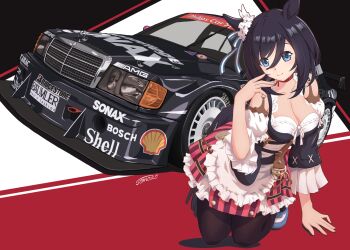 Rule 34 | 1girl, animal ears, black hair, bob cut, bosch (company), breasts, bridgestone, car, cleavage, commentary request, detached sleeves, deutsche tourenwagen masters, dirndl, ear scrunchie, eishin flash (meisterschaft) (umamusume), eishin flash (umamusume), german clothes, hair between eyes, highres, horse ears, horse girl, large breasts, looking at viewer, mercedes-benz, mercedes-benz 190e, motor vehicle, race vehicle, racecar, red skirt, scrunchie, shell (company), short hair, signature, skirt, smile, solo, striped clothes, striped skirt, swept bangs, tomozo8674, umamusume, vehicle focus, vertical-striped clothes, vertical-striped skirt, white scrunchie