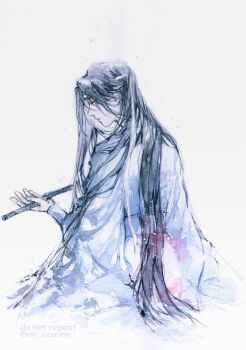 Rule 34 | 1boy, aki uzuzame, black hair, blood, blood on clothes, borrowed weapon, chenqing flute, chinese clothes, closed eyes, closed mouth, commentary request, flute, from behind, hanfu, headband, highres, holding, holding flute, holding instrument, implied yaoi, instrument, lan wangji, light particles, long hair, long sleeves, male focus, modao zushi, painting (medium), profile, robe, simple background, sitting, smoking pipe, solo, traditional media, twitter username, very long hair, watercolor (medium), white background, white hanfu, white headband, wide sleeves