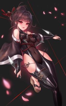 Rule 34 | 1girl, black bodysuit, bodysuit, breasts, brown hair, clothing cutout, commentary, covered navel, detached sleeves, english commentary, falling petals, goddess of victory: nikke, hair ornament, hair stick, highres, holding, holding kunai, holding weapon, korean commentary, kunai, long hair, looking at viewer, medium breasts, mixed-language commentary, official alternate costume, parted lips, petals, pink petals, red eyes, rose petals, sakura (midnight stealth) (nikke), sakura (nikke), sandals, shoulder cutout, smile, solo, standing, standing on one leg, string, trhisell, weapon
