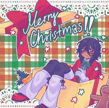 1girl alternate_costume antenna_hair black_hair black_pantyhose bow box brown_eyes closed_mouth commentary dark-skinned_female dark_skin donuqx double-parted_bangs english_commentary gift gift_box gingerbread_man glasses gloves green_bow hair_between_eyes holding holding_gift knees_up leg_warmers long_sleeves looking_at_viewer merry_christmas mincy_(omori) omori pantyhose red-framed_eyewear red_shoes shoes short_hair smile solo twitter_username white_gloves white_leg_warmers