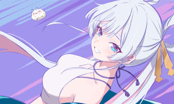 1girl breasts cho_kaguya-hime! commentary_request dutch_angle hair_ornament hair_rings multicolored_hair off_shoulder pink_hair purple_background runami_yachiyo small_breasts solo teeth two-tone_hair white_hair yui35