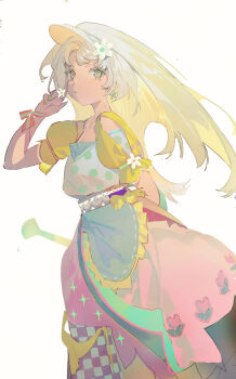 absurdres apron blonde_hair checkered_clothes clothing_cutout dress flower flower_ornament hair_flower hair_ornament highres long_hair looking_at_viewer looking_back lyooo_6 multicolored_dress original patchwork_clothes polka_dot polka_dot_dress ribbon sash shoulder_cutout star_(symbol) star_print waist_apron waist_sash watering_can white_background wrist_ribbon yellow_eyes