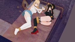 2girls 3d animated ass bdsm bed black_hair blonde_hair bondage bound bound_ankles bound_legs bound_wrists breasts crossover gag gagged high_heels highres kitagawa_marin koikatsu_(medium) koikatu legs miniskirt multiple_girls panties purple_eyes red_eyes rope shepirotcloud skirt sono_bisque_doll_wa_koi_wo_suru spy_x_family struggling tagme thighs tied_to_bed underwear video yor_briar