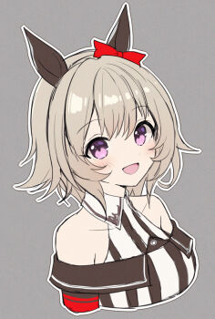 1girl animal_ears bare_shoulders blush bow breasts coat collarbone curren_chan_(fille_eclair)_(umamusume) curren_chan_(umamusume) dress ear_bow ear_covers grey_hair hair_between_eyes horse_ears horse_girl looking_at_viewer mauve off-shoulder_coat off-shoulder_dress off-shoulder_jacket off_shoulder open_mouth purple_eyes red_bow short_hair simple_background smile solo striped_clothes striped_dress umamusume upper_body vertical-striped_clothes vertical-striped_dress