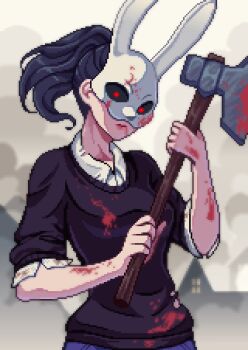 1girl artist_self-insert axe black_hair black_sclera black_sweater blood blood_on_clothes breasts collared_shirt colored_sclera commentary dead_by_daylight english_commentary high_ponytail highres holding holding_axe long_hair mask medium_breasts pixel_art ponytail red_eyes shirt sleeves_rolled_up solo sweater white_shirt yumykon yumykon_(yumykon) yumyverse