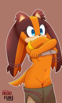 absurdres ass bare_legs blue_eyes blush bracelet brown_fur brown_hair clothes_pull collar flat_chest groin hair_tie highres jewelry koufun legs loli nipples orange_fur orange_hair petite pussy sega skirt skirt_pull sonic_(series) sonic_boom_(series) sticks_the_badger strapless tail tribal tube_top tube_top_pull twintails undressing
