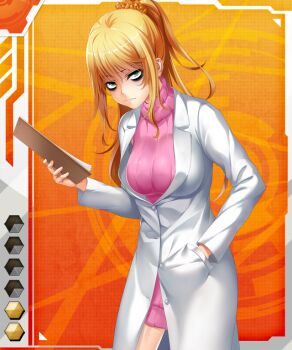 Rule 34 | 1girl, bare legs, blonde hair, blush, breasts, card (medium), card (orange-r), card (r), clipboard, curvy, female focus, gara ayuri, green eyes, large breasts, lilith-soft, long hair, looking at viewer, mirena laevateinn, ponytail, shiny skin, solo, standing, taimanin (series), taimanin asagi battle arena all card gallery, taimanin asagi kessen arena