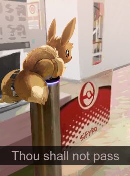 among_us artist_name brown_eyes brown_fur crewmate_(among_us) eevee english_text fare_gate gen_1_pokemon hallway indoors monitor nintendo no_humans photo-referenced poke_ball_symbol pokemon pokemon_(creature) pokemon_focus poster_(object) sifyro tail tail_wagging