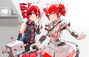 Rule 34 | :o, absurdres, ahoge, arm at side, bare shoulders, belt, black belt, black skirt, blush, bow, breast pocket, buttons, closed mouth, collared shirt, computer, detached sleeves, double-breasted, drill hair, dual persona, fingernails, flat chest, grey jacket, grey skirt, hair between eyes, hair bow, hair ribbon, headphones, highres, indoors, jacket, kasane teto, kasane teto (sv), kasane teto (utau), layered skirt, layered sleeves, long sleeves, midriff peek, mimi no aru robot no uta (utau), mp777b, pocket, red hair, red nails, red skirt, red trim, ribbon, robot, shirt, shoulder belt, shoulder boards, simple background, skirt, skirt set, sleeveless, sleeveless shirt, smile, striped clothes, striped jacket, striped shirt, striped skirt, synthesizer v, table, tablet pc, twin drills, utau, white background, white bow, white ribbon, wing collar