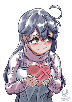 Rule 34 | 1girl, ahoge, apron, black hair, box, brown eyes, cable knit, commentary, dated, english commentary, grey apron, heart-shaped box, highres, kantai collection, long hair, looking at viewer, one-hour drawing challenge, purple sweater, ron (pixiv83091338), signature, simple background, solo, sweater, twitter username, upper body, ushio (kancolle), ushio (valentine) (kancolle), white background