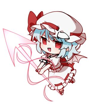 Rule 34 | 1girl, ascot, back bow, bat wings, blue hair, bow, commentary request, deformed, full body, hat, hat ribbon, highres, holding, holding polearm, holding weapon, illust atelier3, looking at viewer, mob cap, one-hour drawing challenge, open mouth, polearm, puffy short sleeves, puffy sleeves, red ascot, red bow, red eyes, remilia scarlet, ribbon, ribbon-trimmed headwear, ribbon-trimmed skirt, ribbon trim, shirt, short sleeves, simple background, skirt, skirt set, smile, solo, spear the gungnir, touhou, weapon, white background, white hat, white shirt, white skirt, wings