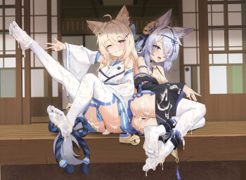 2girls :3 ;d absurdres after_vaginal aftersex ahoge animal_ear_fluff animal_ears anus architecture aroused artist_name ass bar_censor bare_shoulders bell bilingual_commentary black_choker black_kimono black_ribbon blonde_hair blue_bow blue_hair blue_ribbon blue_skirt blush bow breasts bukkake cameltoe censored chinese_commentary choker cleavage commentary commentary_request commission cross_hair_ornament cross_scar cum cum_in_pussy cum_on_body cum_on_breasts cum_on_clothes cum_on_feet cum_on_hair cum_on_legs cum_on_upper_body cum_overflow detached_sleeves east_asian_architecture english_commentary facial facial_scar feet flower fox_ears fox_girl fox_tail full_body furrowed_brow grin hair_between_eyes hair_bow hair_flower hair_intakes hair_ornament hair_over_one_eye hair_ribbon hand_up heart heart-shaped_pupils highres indoors japanese_clothes jewelry jingle_bell kensiejan kimono knees_up legs long_bangs long_hair long_sleeves looking_at_viewer medium_breasts miniskirt mixed-language_commentary multiple_girls naughty_face no_panties no_shoes nontraditional_miko one_eye_closed one_eye_covered open_mouth original outstretched_arm pleated_skirt purple_eyes pussy ribbon ribbon-trimmed_sleeves ribbon_trim ring rope saliva scar scar_on_cheek scar_on_face shimenawa shouji sidelocks sitting skirt sliding_doors smile soles symbol-shaped_pupils tail thighhighs thighs toes v variant_set watermark white_kimono white_thighhighs wide_sleeves yellow_flower yokozuwari