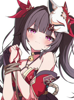 1girl bare_shoulders bell blunt_bangs blush bound bound_wrists breasts brown_gloves brown_hair cleavage closed_mouth commentary_request dress fox_mask gloves hair_ribbon highres honkai:_star_rail honkai_(series) long_hair looking_at_viewer mask mask_on_head neck_bell purple_eyes red_dress red_ribbon ribbon sasanekomaru simple_background single_glove solo sparkle_(honkai:_star_rail) strapless strapless_dress sweatdrop twintails upper_body white_background