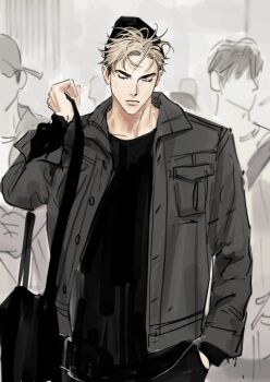 Rule 34 | 1boy, bag, black shirt, blonde hair, closed eyes, closed mouth, commentary request, faceless, faceless male, haikyuu!!, hand in pocket, jacket, korean commentary, male focus, mh o o9, miya atsumu, people, shirt, short hair, shoulder bag, solo focus