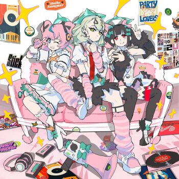 Rule 34 | 3girls, angels of delusion, aqua streaks, aria (zenless zone zero), arm warmers, bandaid, bandaid hair ornament, black hair, black thighhighs, bow, colored inner hair, commentary, couch, crossed bangs, dress, earrings, fatdesign, fingerless gloves, fur-trimmed skirt, fur-trimmed sleeves, fur trim, gloves, green bow, green eyes, green hair, green halo, hair between eyes, hair bow, hair ornament, halo, headphones, highres, indoors, jewelry, leg warmers, long hair, looking at viewer, megaphone, multicolored hair, multicolored leg warmers, multiple girls, multiple hair clips, musical note earrings, nangong yu, necktie, on couch, one eye closed, pink arm warmers, pink hair, pink leg warmers, red eyes, red necktie, sitting, skirt, streaked hair, striped arm warmers, striped leg warmers, sunna (zenless zone zero), thighhighs, too many bows, v, very long hair, vinyl record, white dress, y2k fashion, zenless zone zero