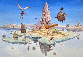 1boy absurdres bird boat commentary_request flying grandia grandia:_parallel_trippers highres holding holding_sword holding_weapon house koichi_noda mountain official_art reflection shorts sword water watercraft weapon yuuhi_(grandia)