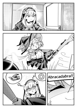 2girls absurdres anger_vein blue_archive blush book charmbird commentary eri_(blue_archive) false_smile greyscale gun halo hat highres holding holding_book holding_gun holding_weapon looking_at_another magic_circle monochrome multiple_girls pleated_skirt rifle sakurako_(blue_archive) shaded_face shirt_tucked_in skirt smile speech_bubble thought_bubble triangle_mouth weapon witch_hat