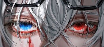 1boy aegyo_sal artist_request blood bloody_tears blue_eyes close-up commission crack_of_light crossed_bangs double-parted_bangs eye_focus glasses hair_between_eyes heterochromia looking_at_viewer original red_eyes second-party_source solo white_hair
