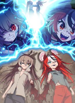 animal_ears black_hair bleeding blood blue_eyes brown_eyes brown_hair cosplay electricity feather_hair_ornament feathers hair_ornament hakos_baelz highres hololive hololive_english injury long_hair lying missing_limb mouse_ears mouse_girl multicolored_hair multiple_girls nanashi_mumei naruto_(series) on_back red_hair sharingan streaked_hair sword torn_clothes uchiha_sasuke uchiha_sasuke_(cosplay) uzumaki_naruto uzumaki_naruto_(cosplay) very_long_hair virtual_youtuber weapon white_hair zedd_(zedgawr)