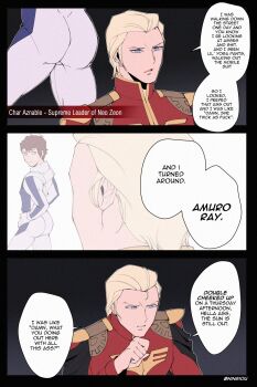 2boys amuro_ray armor ass ass_focus bad_id bad_twitter_id black_cape blonde_hair blue_bodysuit blue_eyes bodysuit brown_hair cape char_aznable comic curly_hair earth_federation english_text gundam hair_slicked_back hand_on_own_chin hands_on_own_hips highres huge_ass interview jacket kyou_(iuciferic) male_focus military military_uniform mobile_suit_gundam multicolored_bodysuit multiple_boys pilot_suit red_jacket remembering shoulder_armor skin_tight stroking_own_chin thick_thighs thighs toned toned_male twitter_username white_bodysuit yaoi zeon