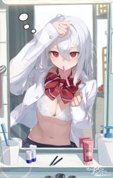 Rule 34 | 1girl, absurdres, adjusting hair, black skirt, bow, bowtie, bra, breasts, buttons, cleavage, commentary, dated, english text, fuji sakura, hair between eyes, highres, lens flare, long sleeves, looking at mirror, mirror, navel, open clothes, open shirt, original, red bow, red bowtie, red eyes, school uniform, signature, skirt, small breasts, solo, squeans, toothbrush, toothbrush in mouth, twitter username, underwear, upper body, watermark, white bra, white hair