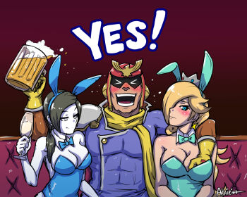 &gt;_&lt; 1boy 2girls akairiot alcohol animal_ears arm_around_shoulder beer beer_mug black_hair blonde_hair blue_eyes bow bowtie breasts captain_falcon champagne_flute cleavage closed_eyes colored_skin couch crown cup detached_collar drinking_glass drunk earrings f-zero fake_animal_ears grabbing_another&#039;s_breast grey_hair groping hair_over_one_eye hair_over_shoulder helmet jewelry large_breasts long_hair mario_(series) mug multiple_girls nintendo pale_skin pimp playboy_bunny rabbit_ears red_background rosalina scarf sitting star_(symbol) star_earrings super_mario_bros._1 super_mario_galaxy super_smash_bros. table white_skin wii_fit wii_fit_trainer wii_fit_trainer_(female) wine_glass