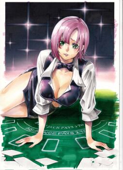 1girl blush breasts cleavage crop_top croupier green_eyes highres large_breasts midriff miniskirt pencil_skirt pink_hair rio_rollins rodrigo_yoshimiya short_hair skirt solo super_blackjack